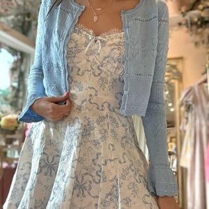 Love Shack Fancy Shai Linen Lace Ribbon Bow Mini Dress Blissful Blue White